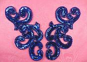 Sequin Appliques Blue MIRROR PAIR Scroll Designer Beaded Iron On 7" (XR357X-bl)