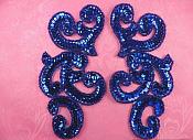 Sequin Appliques Blue MIRROR PAIR Scroll Designer Beaded Iron On 7" (XR357X-bl)