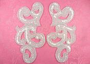 Sequin Appliques Crystal MIRROR PAIR Scroll Designer Beaded Iron On White Backing 7" (XR357X-cr)