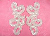 Sequin Appliques Crystal MIRROR PAIR Scroll Designer Beaded Iron On White Backing 7" (XR357X-cr)