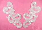 Sequin Appliques Crystal MIRROR PAIR Scroll Designer Beaded Iron On White Backing 7" (XR357X-cr)