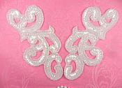 Sequin Appliques Crystal MIRROR PAIR Scroll Designer Beaded Iron On White Backing 7" (XR357X-cr)