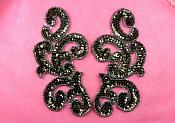 Sequin Appliques Smoke MIRROR PAIR Scroll Designer Beaded Iron On 7" (XR357X-sm)