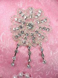 SJB18 Floral Dangle Silver Beaded Crystal Rhinestone Applique Dangles 3"