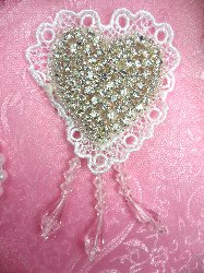 SJB9 Heart White Lace Silver Beaded Crystal Rhinestone Applique Dangles 4"
