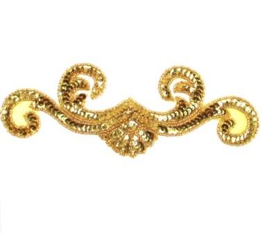 E3402  Gold Scroll Sequin Beaded Applique 7.25"