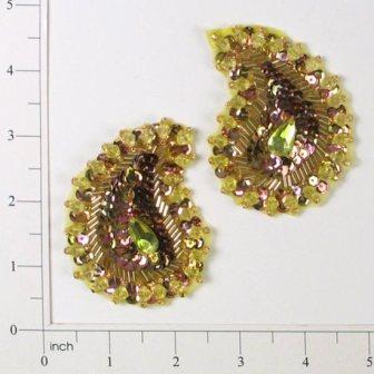 E3430  Gold Paisley Pair Sequin Beaded Appliques 3"