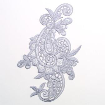 E645  Gray Paisley Embroidered Iron On Applique 9.5"