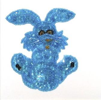 E711 Turquoise Bunny Sequin Beaded Applique 4.25"