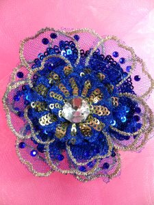 GB421 Sequin Applique Floral 3D Blue Rhinestone Embroidered Patch 4"