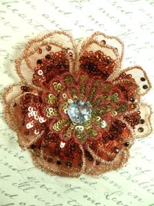 GB421 Sequin Applique Floral 3D Copper Rhinestone Embroidered Patch 4"