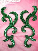 JB240 Sequin Appliques Green Beaded Scroll Designer Mirror Pair 6.75"