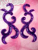 JB240 Sequin Appliques Purple Beaded Scroll Designer Mirror Pair 6.75"