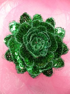 GB409 Sequin Applique Floral 3D Green Embroidered Patch 3"