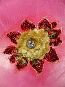 GB412 Sequin Applique Floral 3D Red Gold Rhinestone Center Embroidered Patch 3"