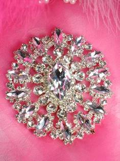 TS50 Round Floral Silver Crystal Clear Rhinestone Applique Embellishment 3.75"
