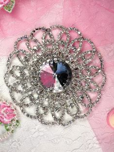 Silver Crystal Clear Round Rhinestone Applique Embellishment 3.75" TS8