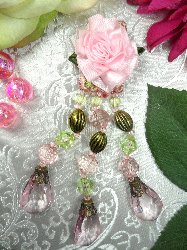 VD35A  Flower Applique Pink Dangles Antique Gold Beads 4.5"