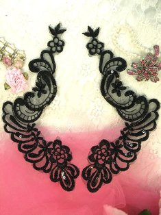 W21  Black Venise Lace Mirror Pair Beaded Sequin Appliques 7"