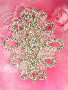 XR73 Crystal Silver Beaded Rhinestone Applique 7.5"