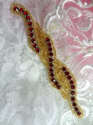 XR129 Red Rhinestone Gold Beaded Applique 4.75"