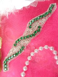 XR129 Green Crystal Rhinestone  Silver Beaded Applique 4.75"