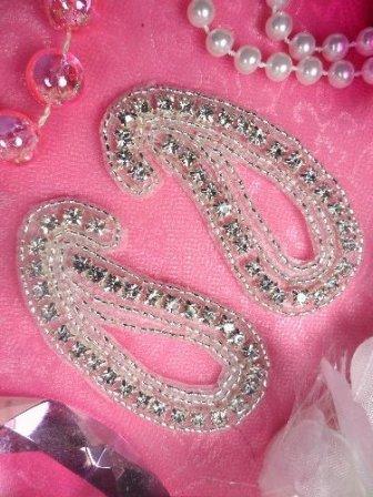 XR153  Paisley Mirror Pair Silver Beaded Crystal Rhinestone Appliques 3"