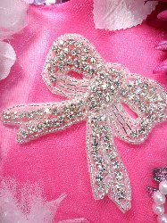 XR156  Silver Beaded Bow Crystal Rhinestone Applique 2.75"