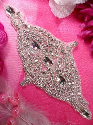 XR159 Bridal Sash Silver Beaded Crystal Rhinestone Applique 7.5"