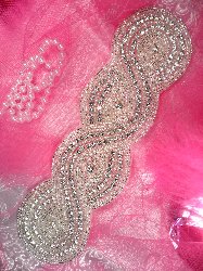 XR161 Braided Bridal Sash Silver Beaded Crystal Rhinestone Applique 9.5"