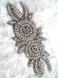 XR17 Black Backing Rose Double Floral Silver Beaded Crystal AB Rhinestone Applique 7.25"