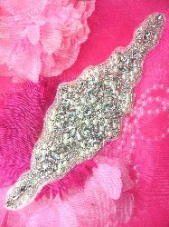 XR187 Bridal Motif Silver Crystal Clear Rhinestone Applique w/ Pearls 10"