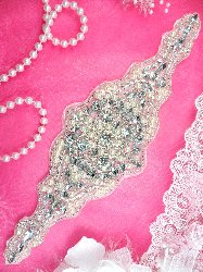 XR193 Bridal Motif Silver Crystal Clear Rhinestone Applique w/ Pearls 10"
