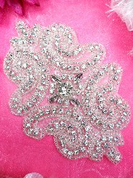 XR197  Applique Crystal Clear Glass Rhinestone Silver Beaded 5"