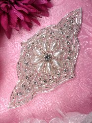 XR201 Silver Beaded Pearl Rhinestone Applique 5.5"