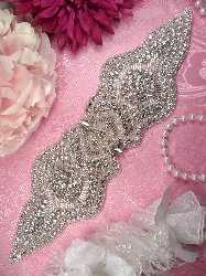 XR203 Bridal Sash Crystal Rhinestone Applique Silver Beaded 10.5"