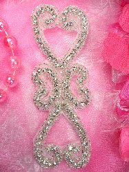 XR221 Double Heart Crystal Clear Silver Beaded Rhinestone Applique 5.75"