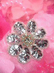 XR223 Silver Sequin Beaded Floral Crystal Rhinestone Centered Applique 2.5"
