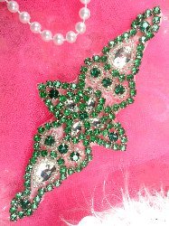 XR237 Green Crystal Rhinestone Silver Beaded  Applique 6"