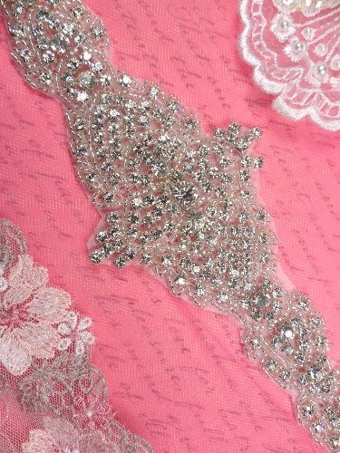 XR252 Crystal Rhinestone Applique Bridal Sash Motif Silver Beaded & Glass 10.5"