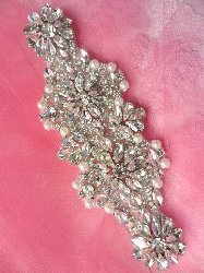 XR256 Crystal Rhinestone Applique Silver Settings w/ Pearls 6"