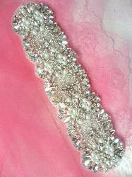 Crystal Rhinestone Applique Silver Beaded w/ Pearls Costume Dance Patch 7.5" XR260