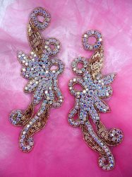 XR27 Black Backing Aurora Borealis Crystal AB Rhinestone Appliques Gold Beaded Mirror Pair 7.5"
