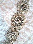 XR292 Crystal Rhinestone Applique Silver Beaded w/ Pearls Bridal Sash Patch Motif 16.5"
