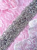Bridal Sash Motif Silver Crystal Clear Glass Rhinestone Applique 18.5" XR304