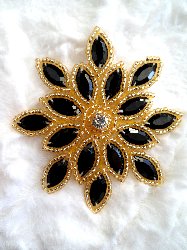 XR32  Applique Black Gold Beaded Snowflake Rhinestone Center 3"