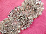 Rhinestone Applique w/ Silver Beads and White Pearls Iron on 4" (XR344)