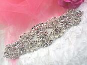 Bridal Applique Silver Crystal Clear Rhinestone Motif  w/ Pearls 7.25" (XR366)