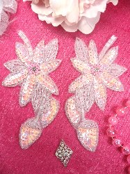 XR51 Light Pink Crystal Aurora Borealis AB Floral Mirror Pair Beaded Sequin Appliques 6"