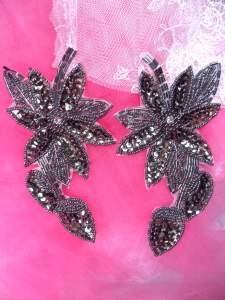 XR51  Smoke Floral Mirror Pair Beaded Sequin Rhinestone Centered Appliques 6"